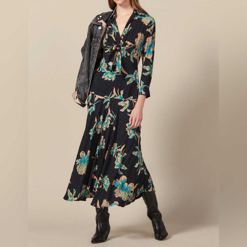 Sandro Floral Maxi Dress with Tie Front XS